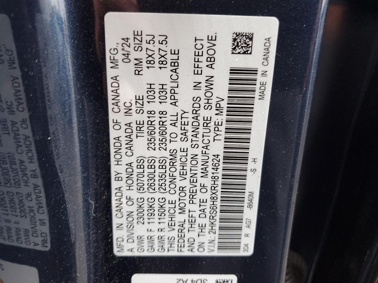 2024 Honda Cr-V Sport-L VIN: 2HKRS6H8XRH814624 Lot: 82448095