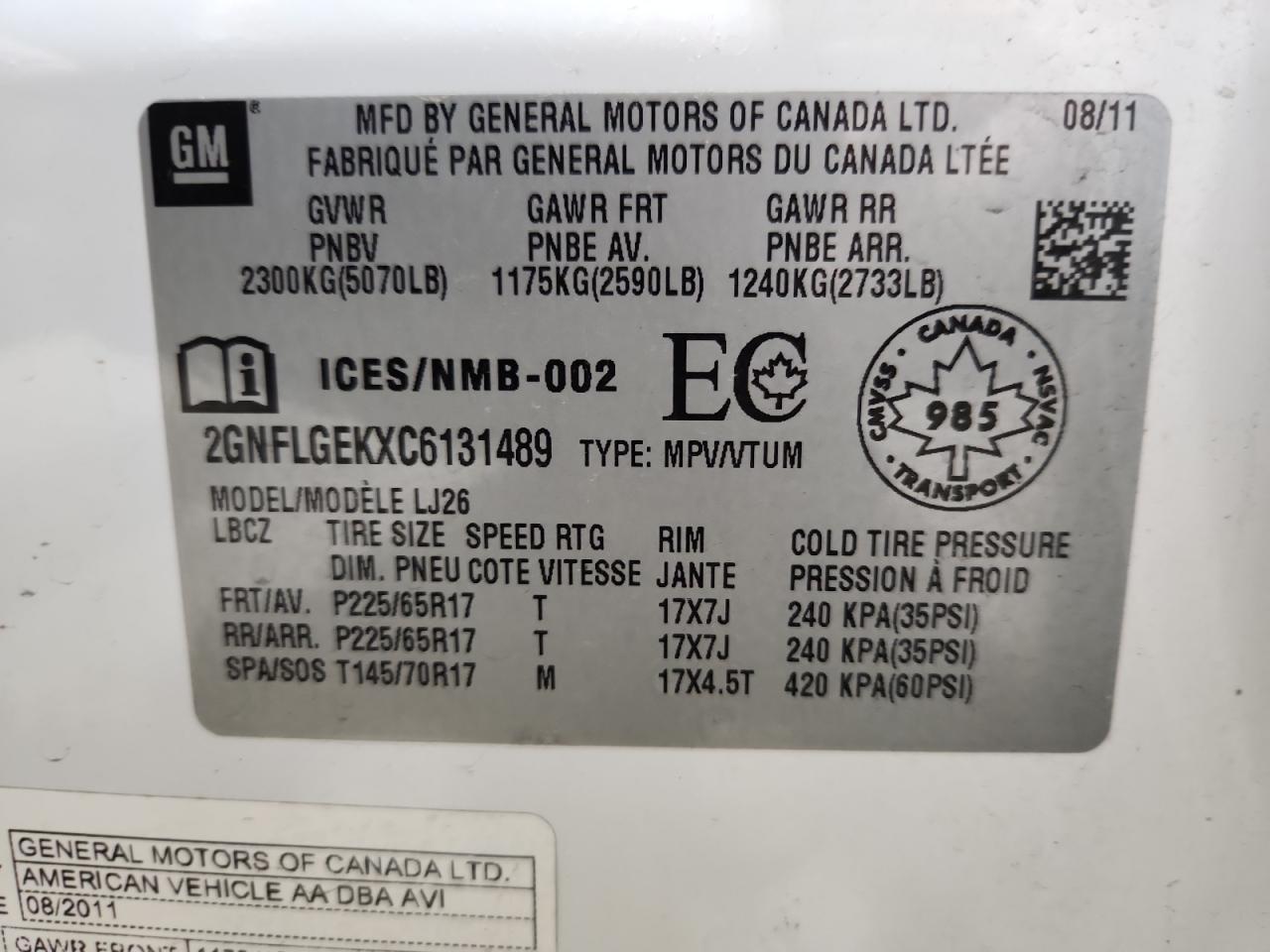 2012 Chevrolet Equinox Ltz VIN: 2GNFLGEKXC6131489 Lot: 86477265