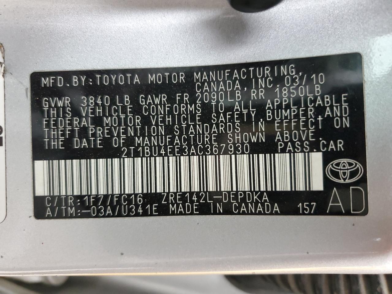 2010 Toyota Corolla Base VIN: 2T1BU4EE3AC367930 Lot: 84948365