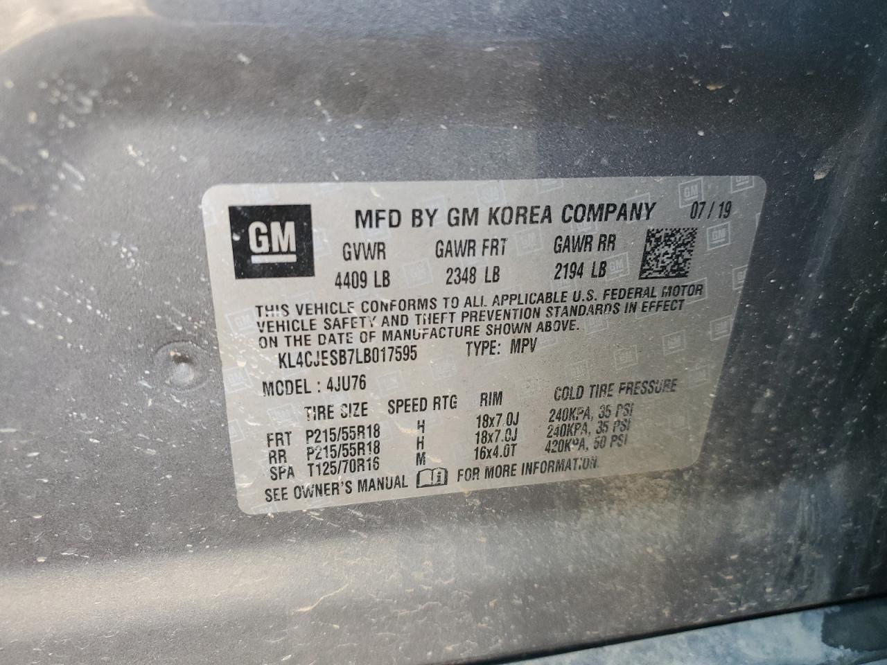 2020 Buick Encore Preferred VIN: KL4CJESB7LB017595 Lot: 84623485