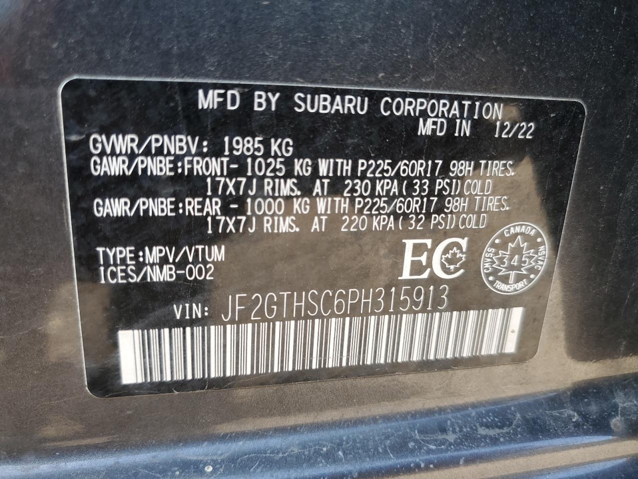 2023 Subaru Crosstrek Sport VIN: JF2GTHSC6PH315913 Lot: 85092545
