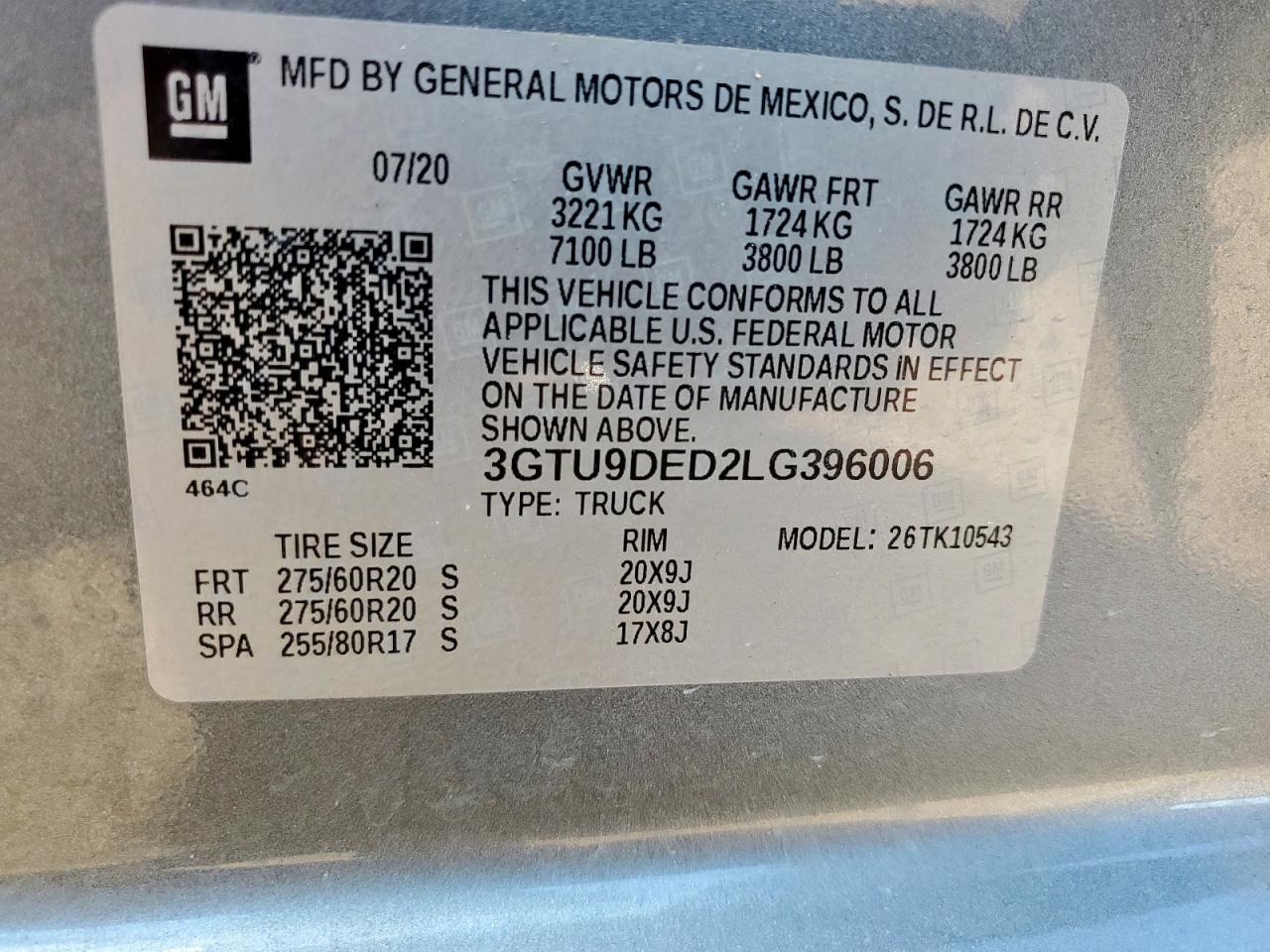 2020 GMC Sierra K1500 Slt VIN: 3GTU9DED2LG396006 Lot: 81943985