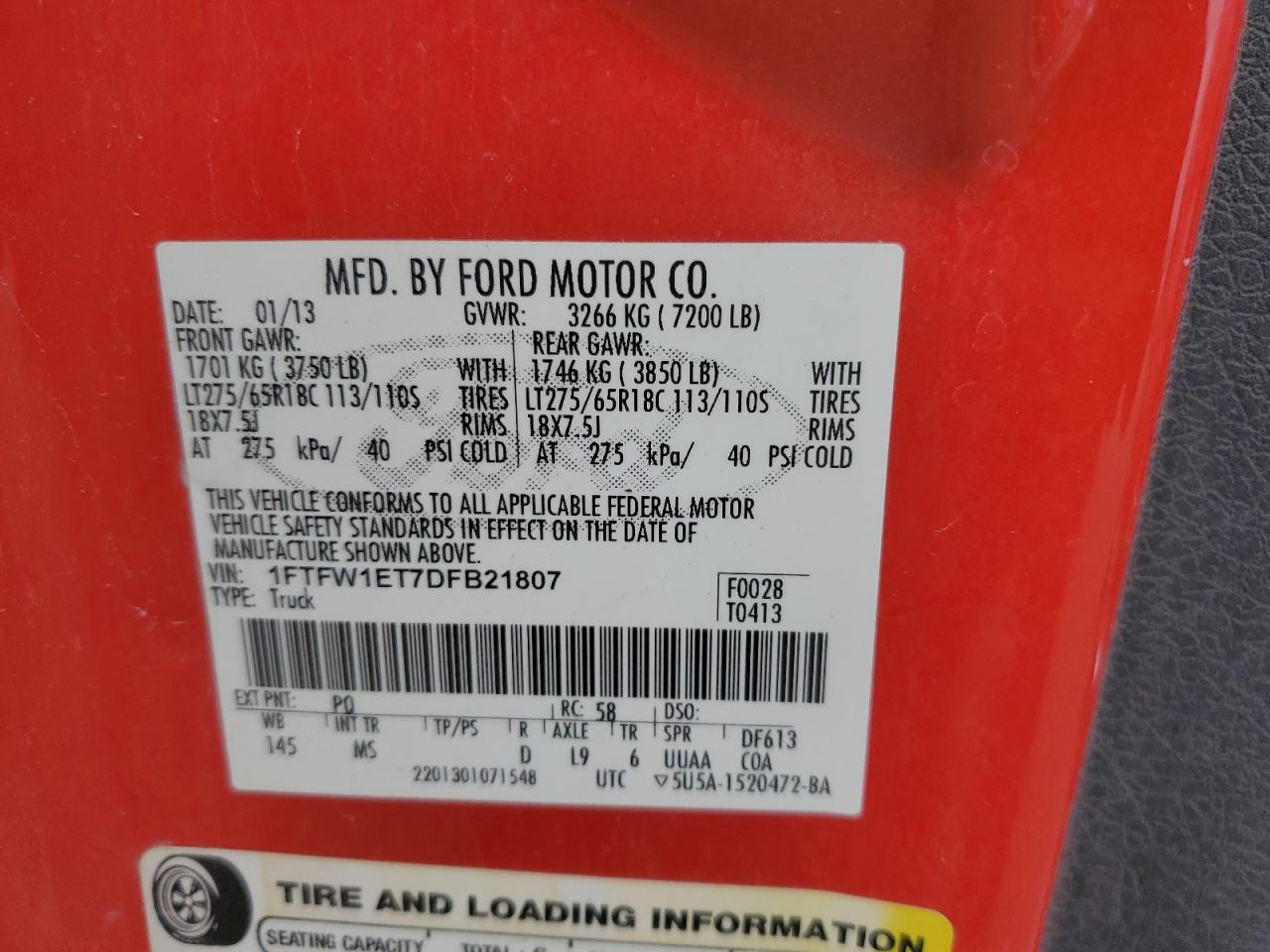 2013 Ford F150 Supercrew VIN: 1FTFW1ET7DFB21807 Lot: 87259165