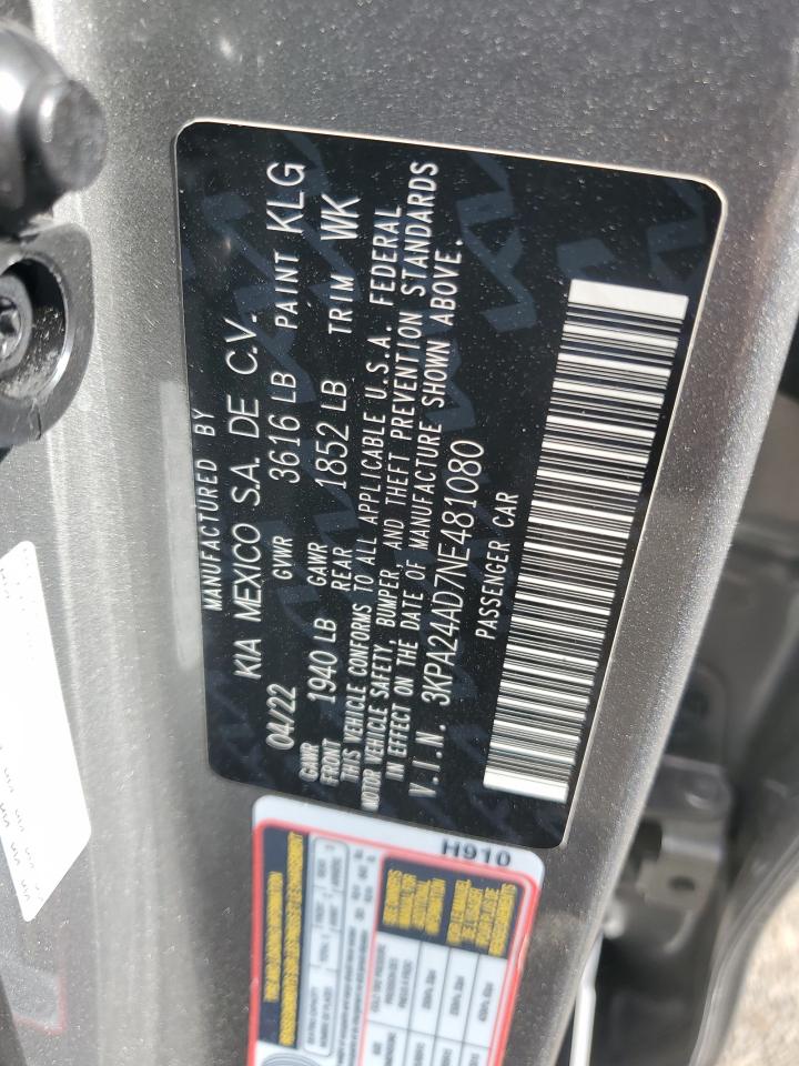 2022 Kia Rio Lx VIN: 3KPA24AD7NE481080 Lot: 87464075