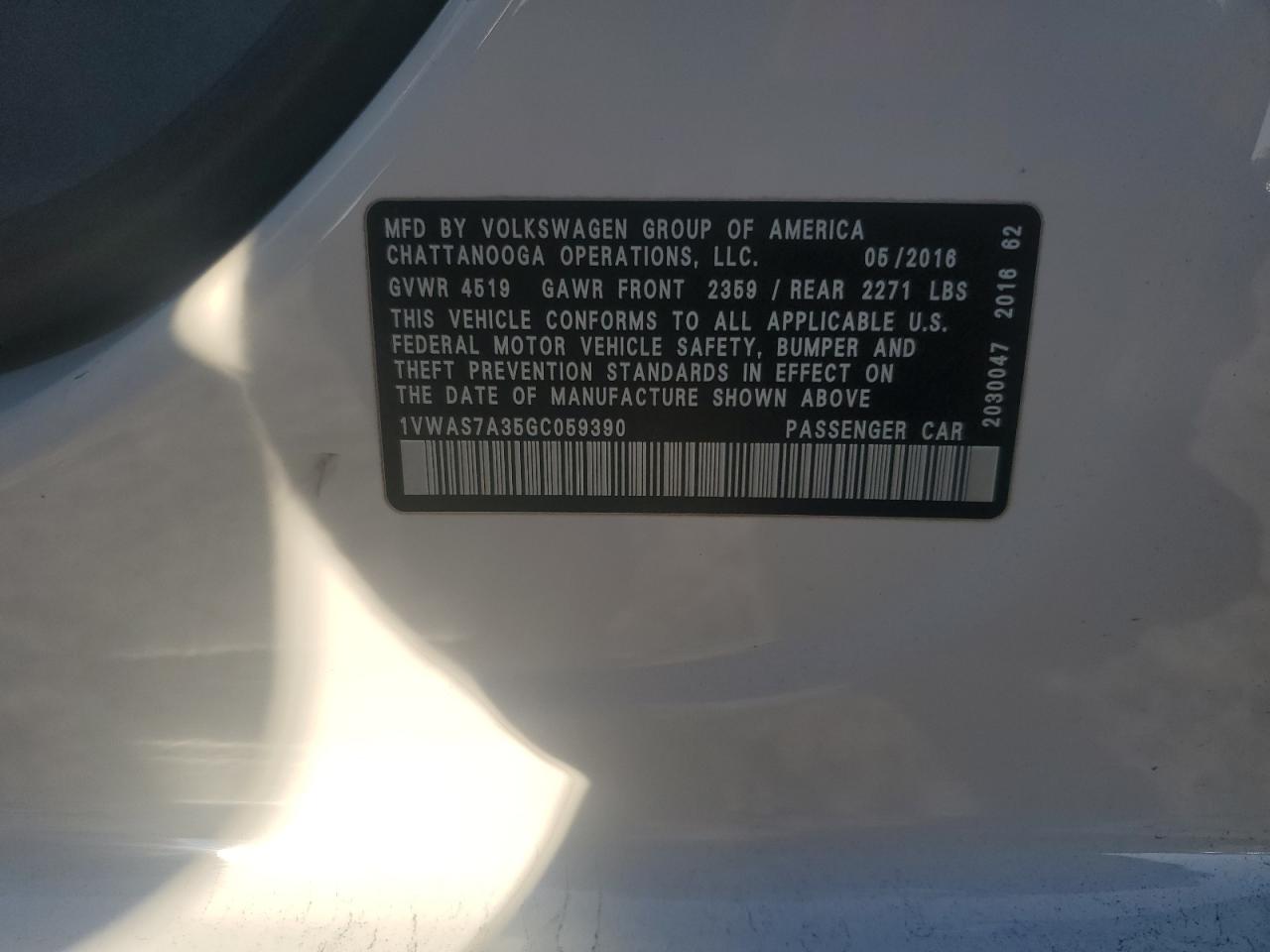 2016 Volkswagen Passat S VIN: 1VWAS7A35GC059390 Lot: 84257675