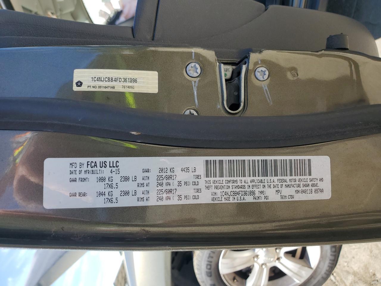 2015 Jeep Compass Sport VIN: 1C4NJCBB4FD361896 Lot: 85260315