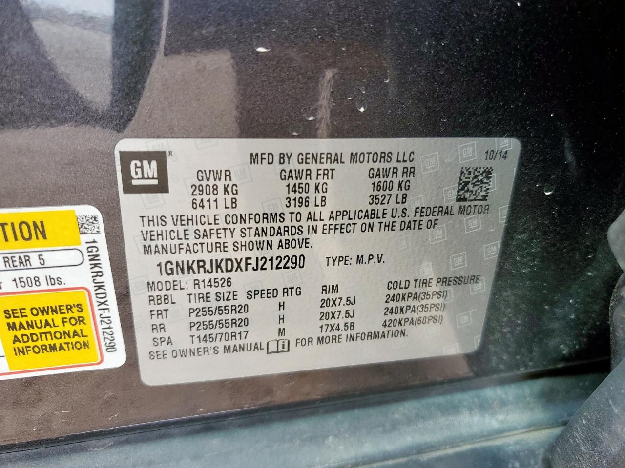 2015 Chevrolet Traverse Ltz VIN: 1GNKRJKDXFJ212290 Lot: 86228485