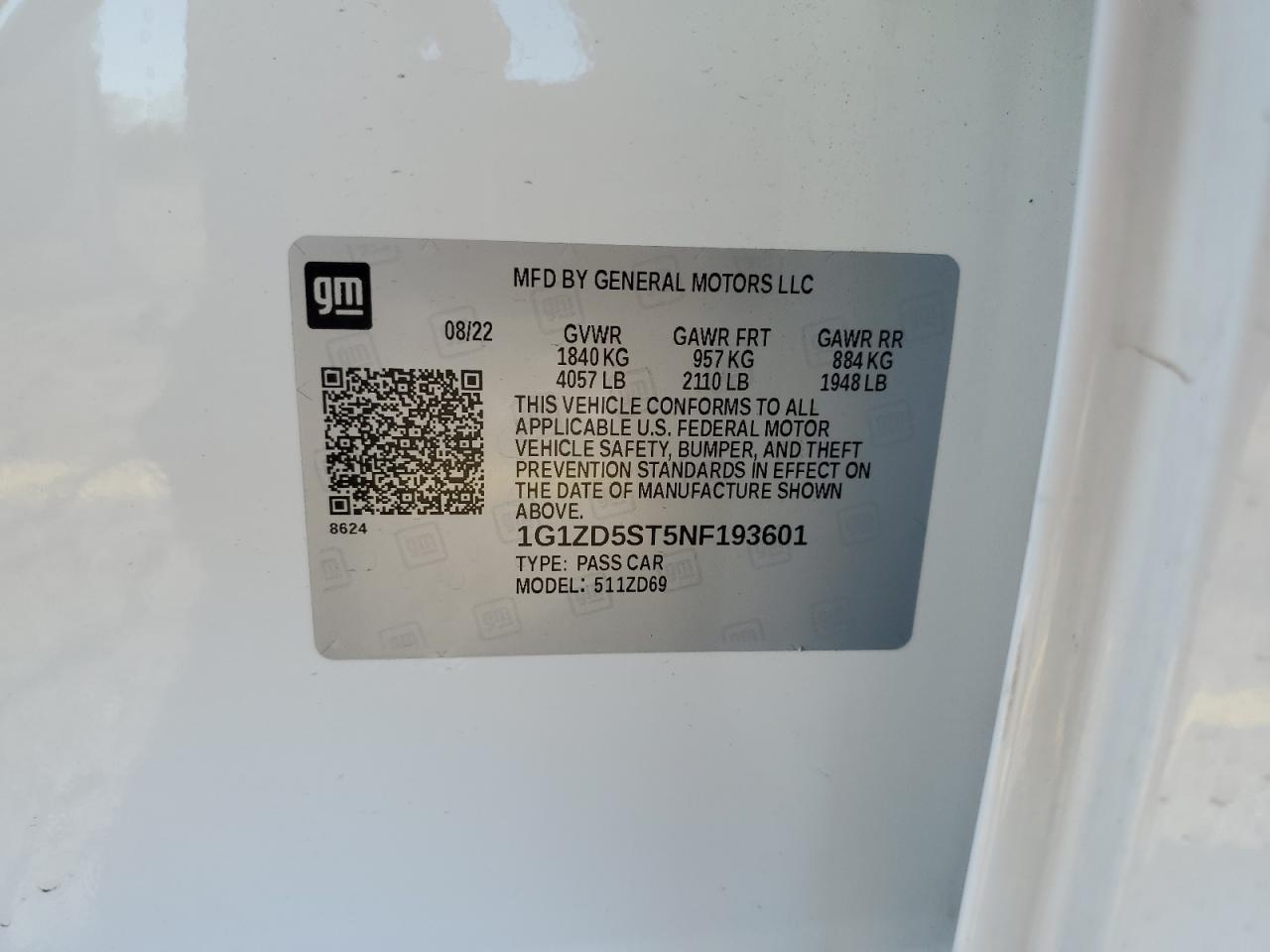 2022 Chevrolet Malibu Lt VIN: 1G1ZD5ST5NF193601 Lot: 85316495