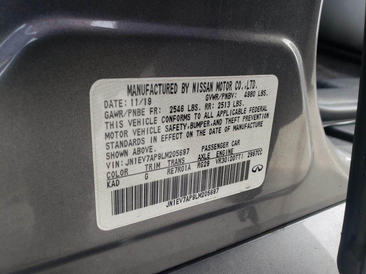 2020 Infiniti Q50 Pure VIN: JN1EV7AP9LM205697 Lot: 89798495