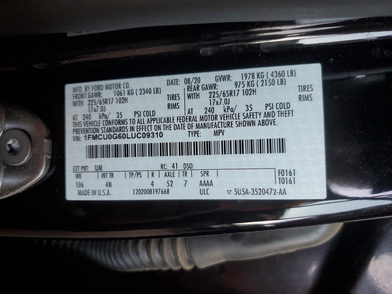 2020 Ford Escape Se VIN: 1FMCU0G60LUC09310 Lot: 84278865