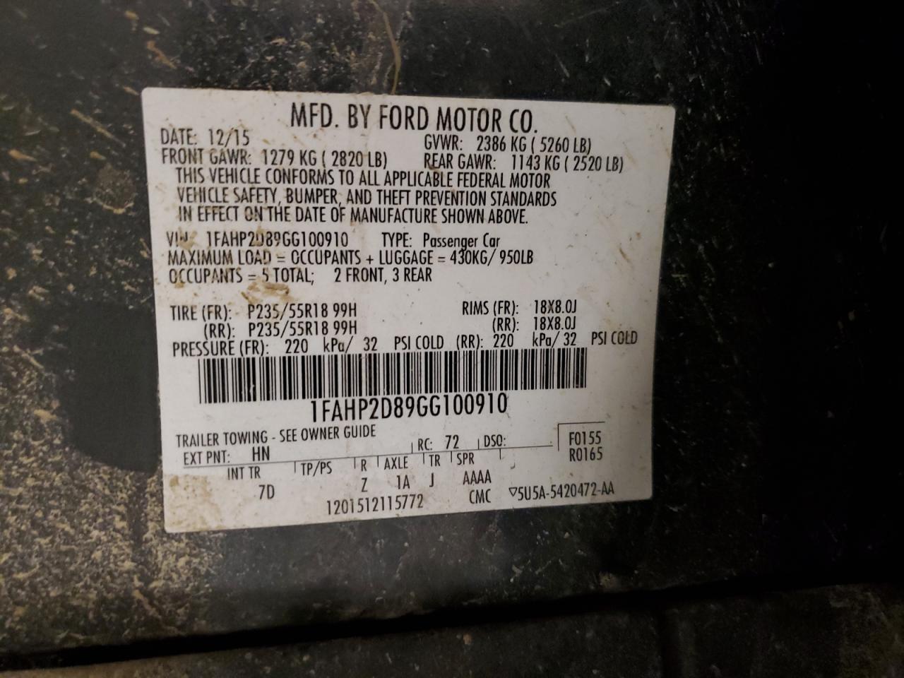 2016 Ford Taurus Se VIN: 1FAHP2D89GG100910 Lot: 86642305