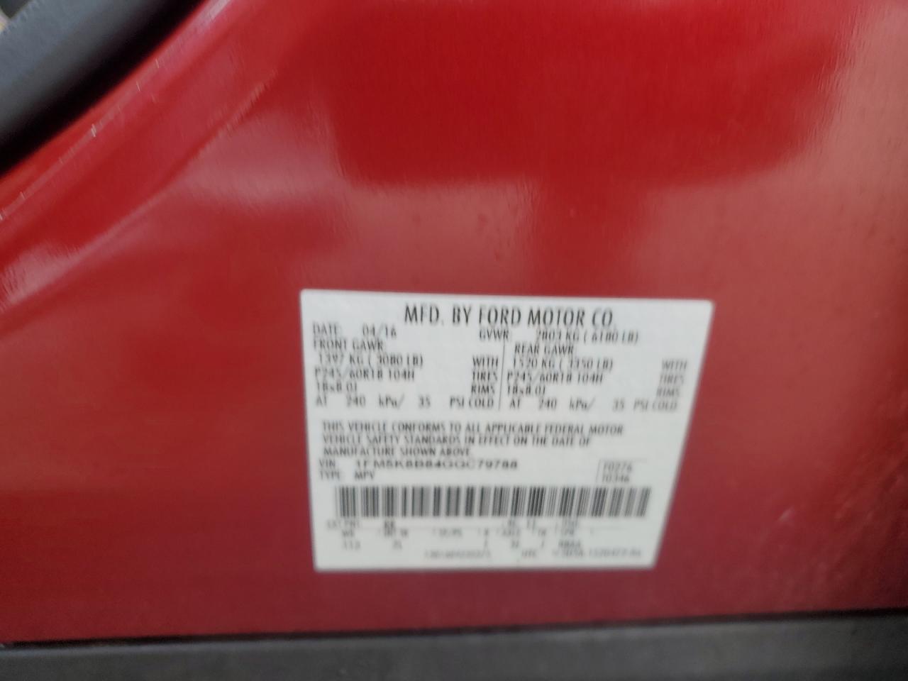 2016 Ford Explorer VIN: 1FM5K8B84GGC79788 Lot: 85682385