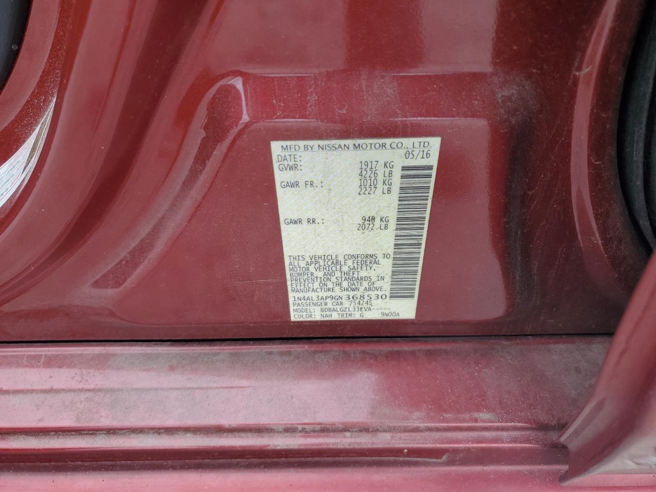 2016 Nissan Altima 2.5 VIN: 1N4AL3AP9GN368530 Lot: 82188245