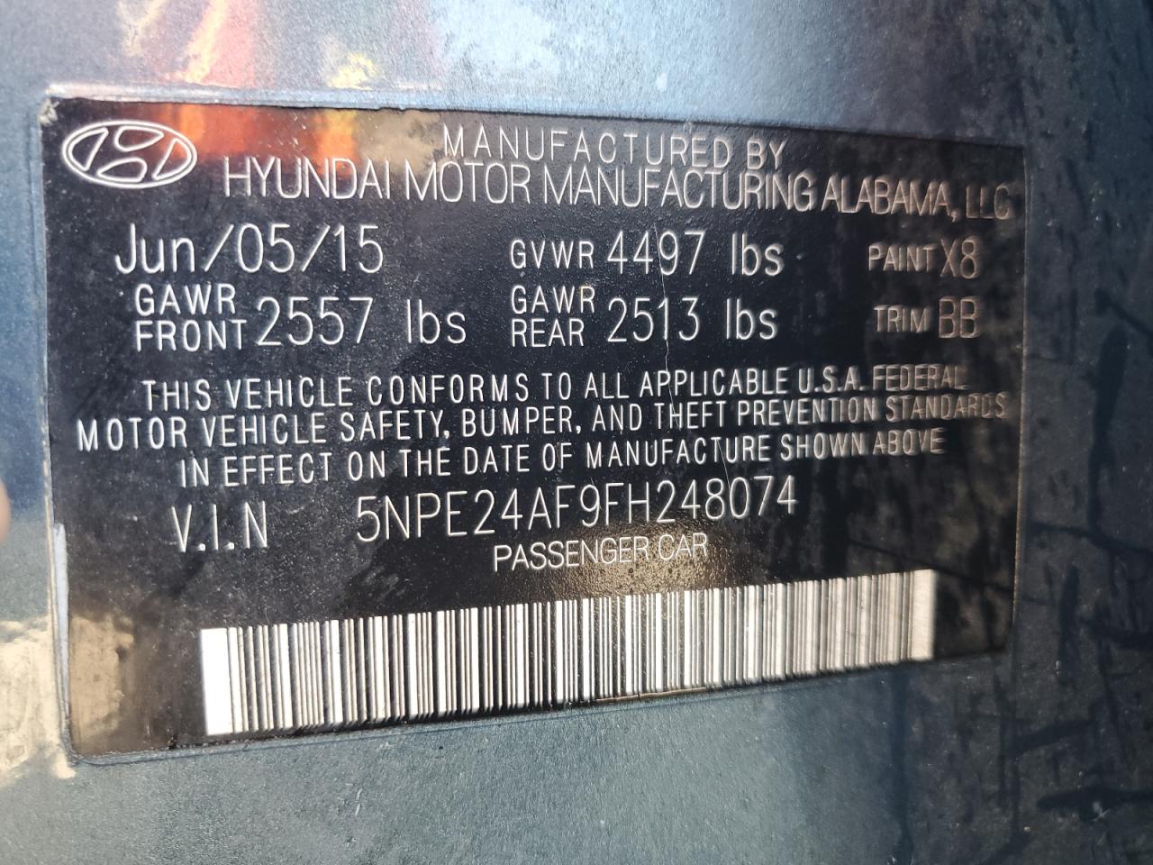 2015 Hyundai Sonata Se VIN: 5NPE24AF9FH248074 Lot: 84797705