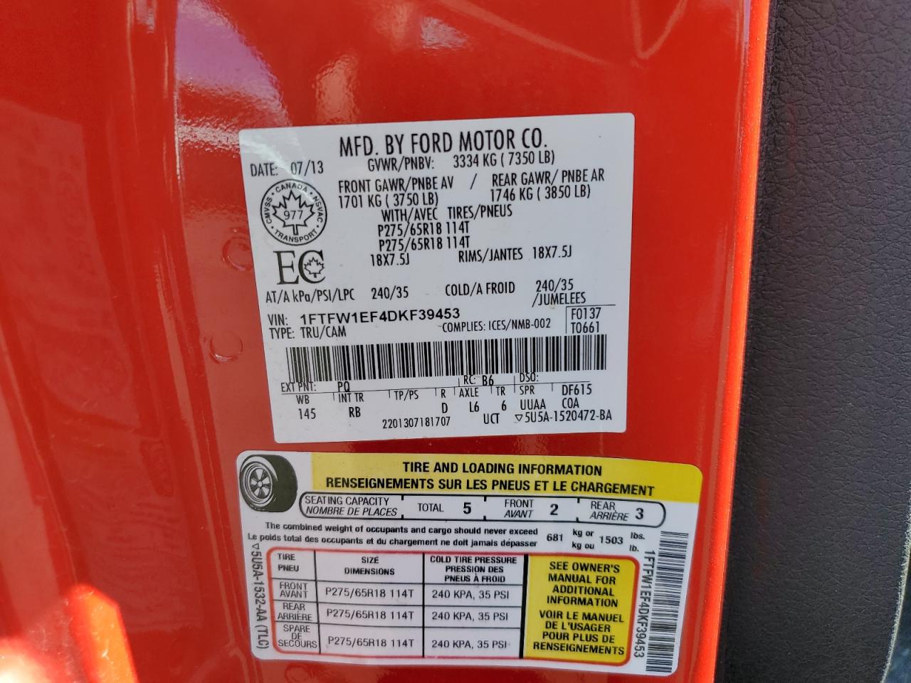 2013 Ford F150 Supercrew VIN: 1FTFW1EF4DKF39453 Lot: 81132655