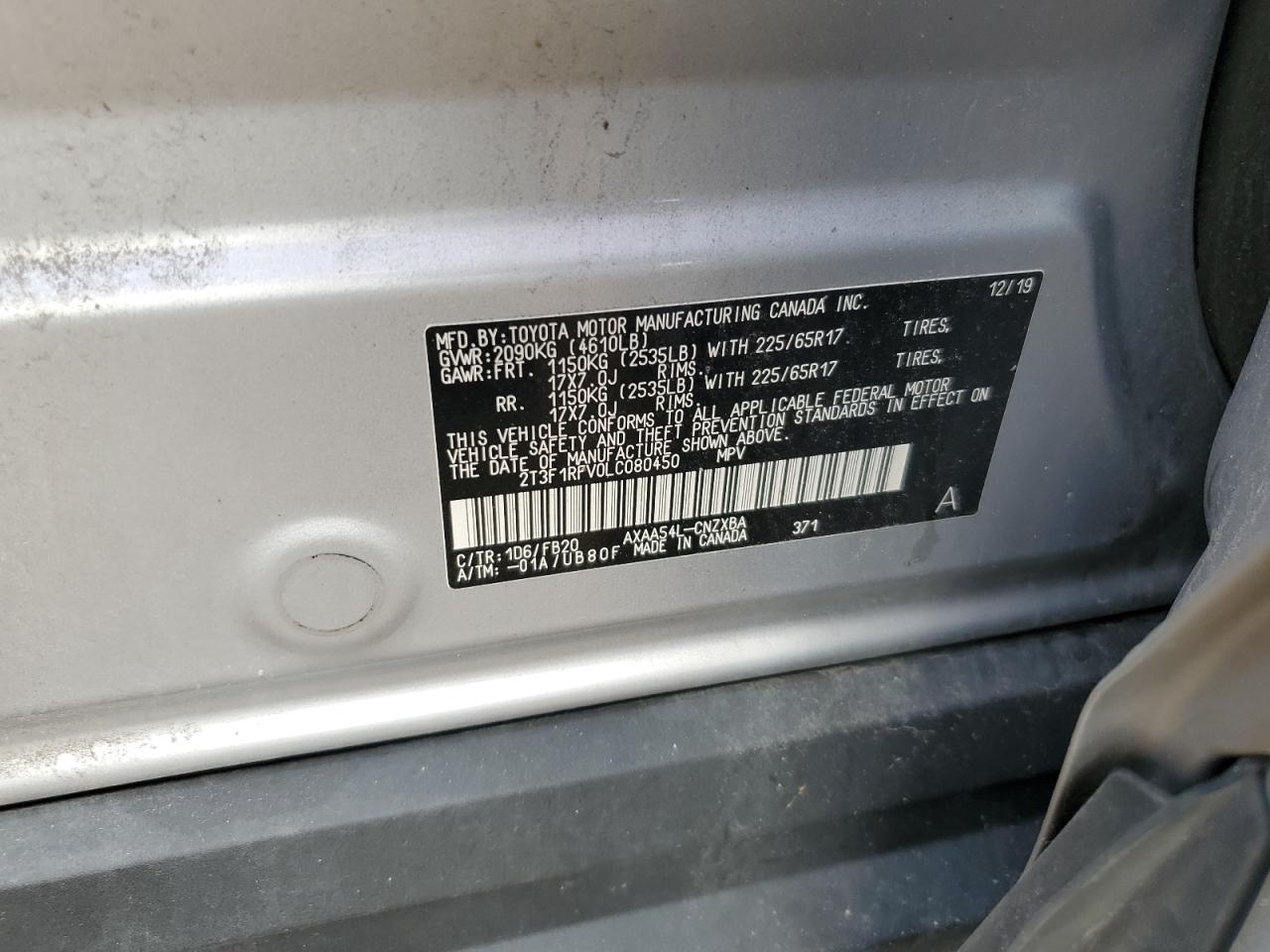 2020 Toyota Rav4 Le VIN: 2T3F1RFV0LC080450 Lot: 85564205