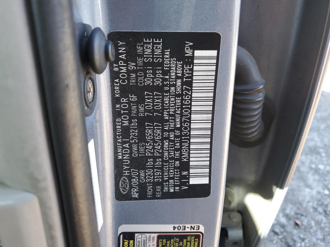 2007 Hyundai Veracruz Gls VIN: KM8NU13C67U016627 Lot: 85108365