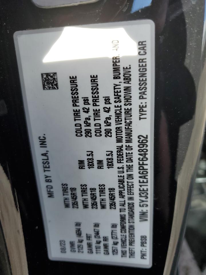 2023 Tesla Model 3 VIN: 5YJ3E1EA6PF648962 Lot: 87459435