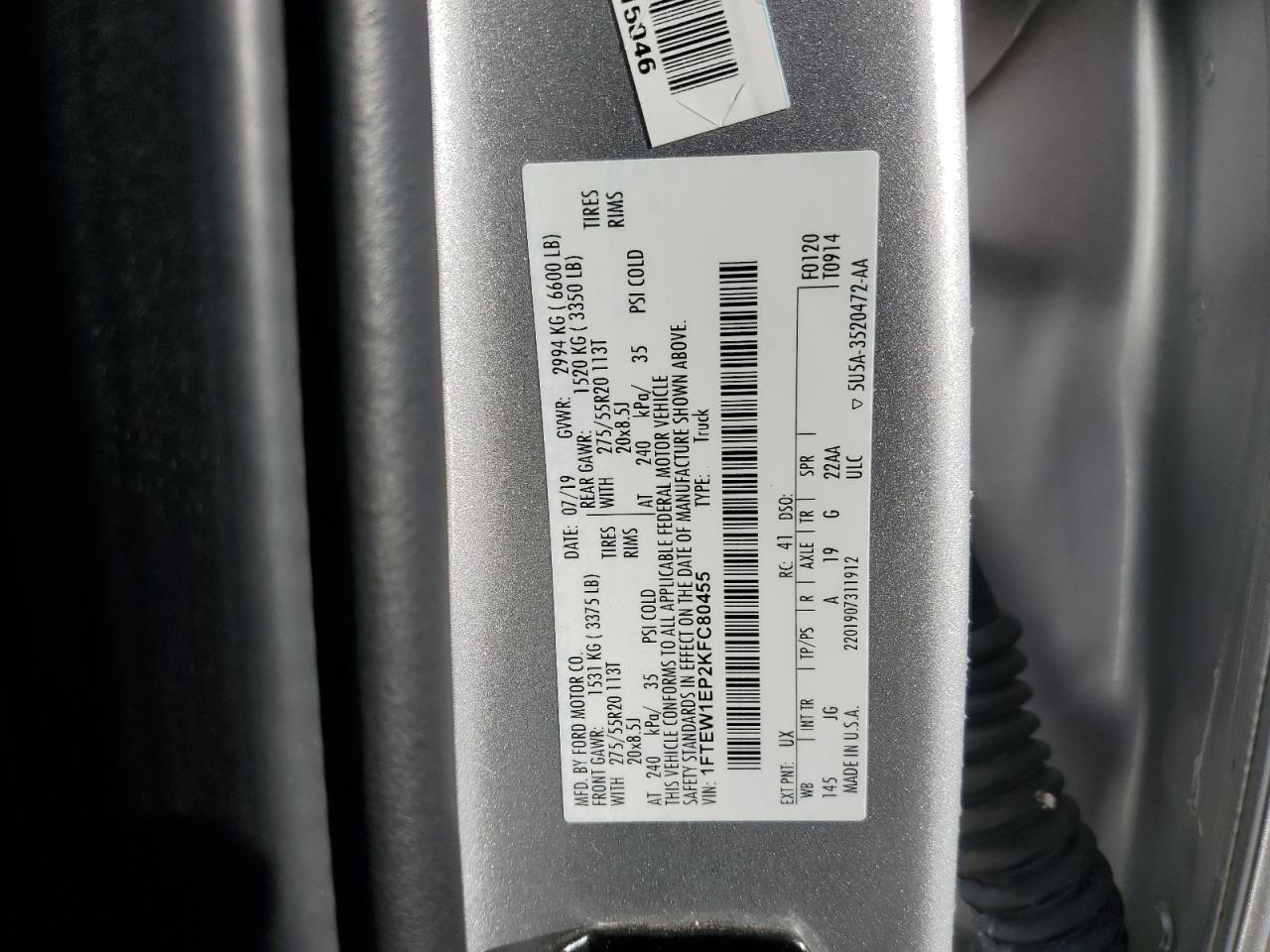 2019 Ford F150 Supercrew VIN: 1FTEW1EP2KFC80455 Lot: 90039165