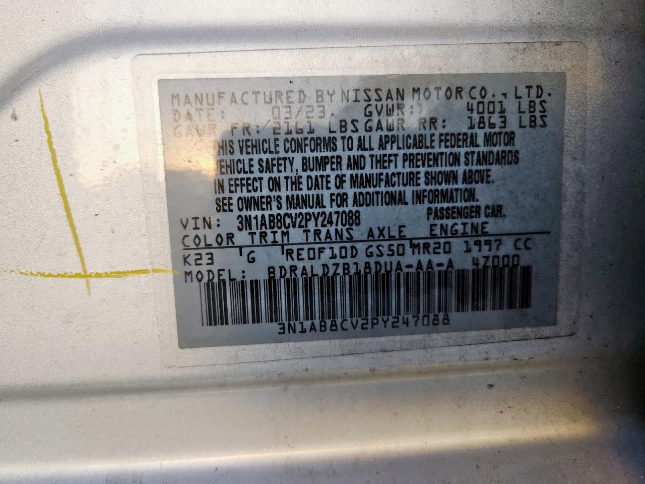 2023 Nissan Sentra Sv VIN: 3N1AB8CV2PY247088 Lot: 84944495
