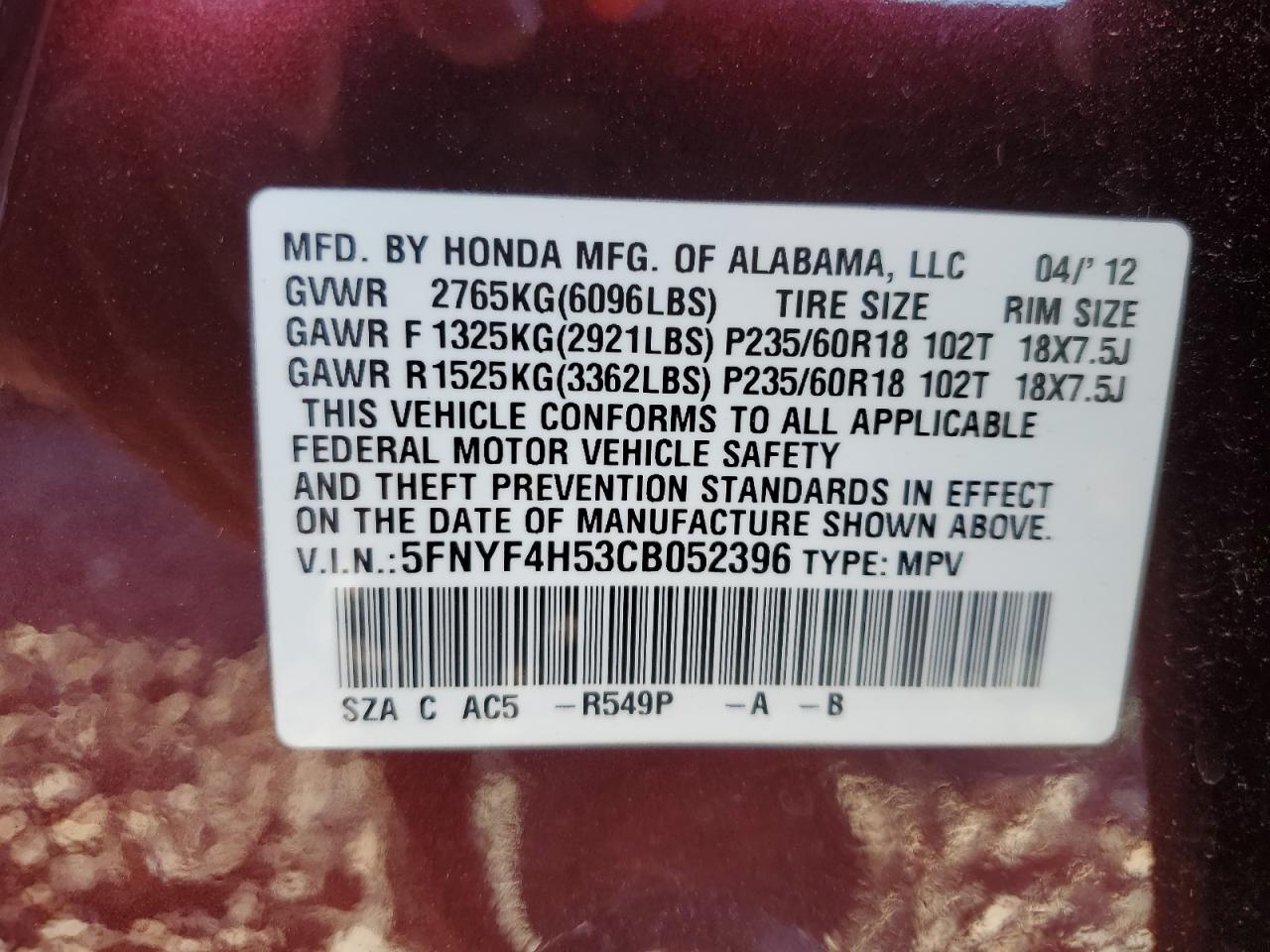 2012 Honda Pilot Exl VIN: 5FNYF4H53CB052396 Lot: 82620365