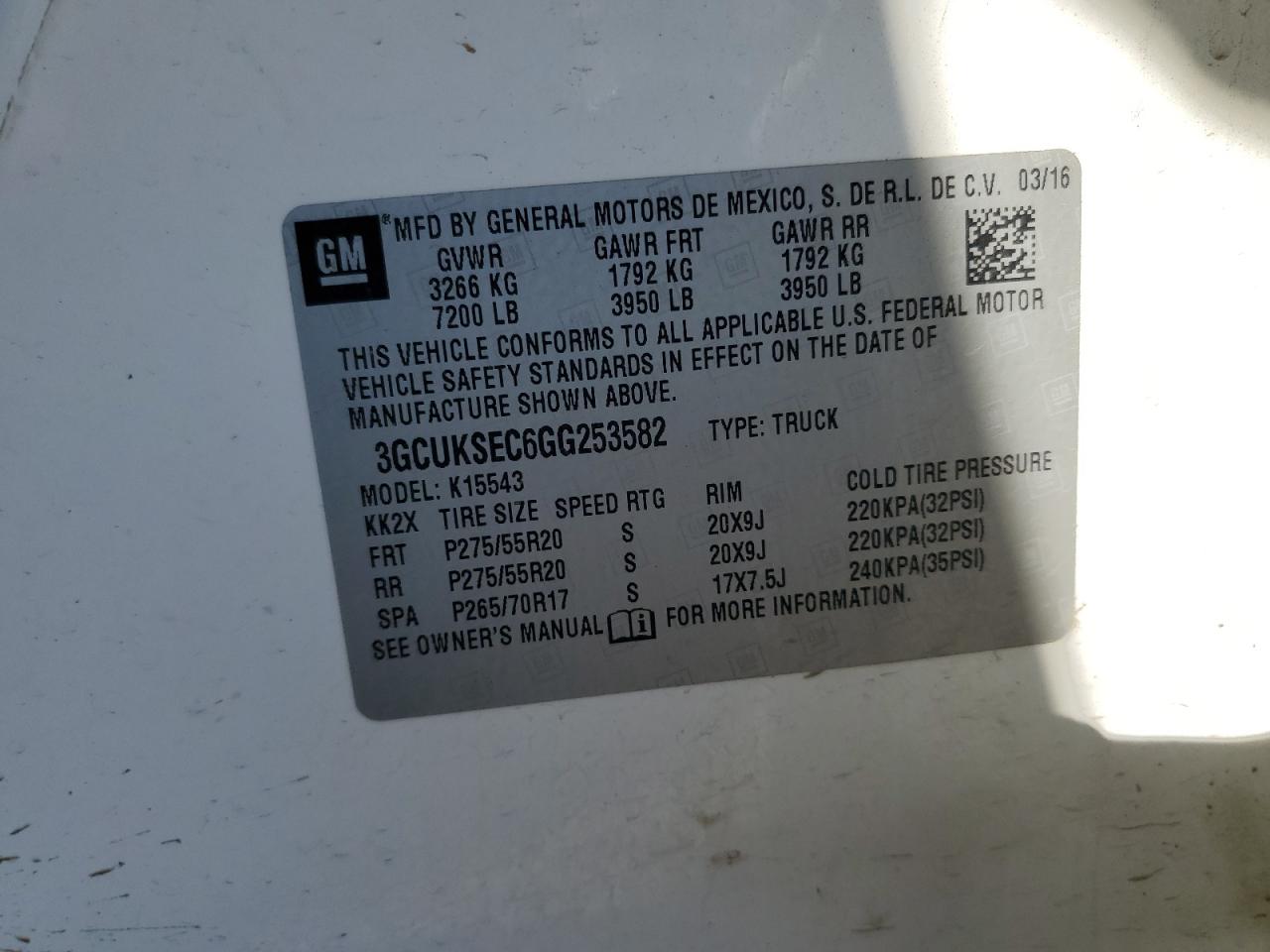 2016 Chevrolet Silverado K1500 Ltz VIN: 3GCUKSEC6GG253582 Lot: 85182915