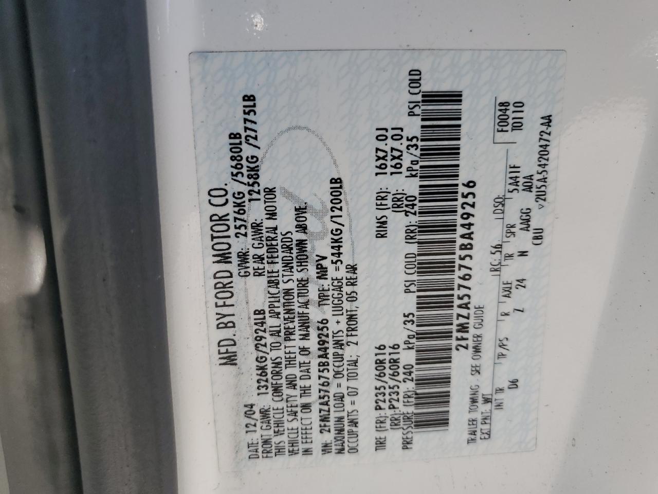 2005 Ford Freestar Ses VIN: 2FMZA57675BA49256 Lot: 85881935