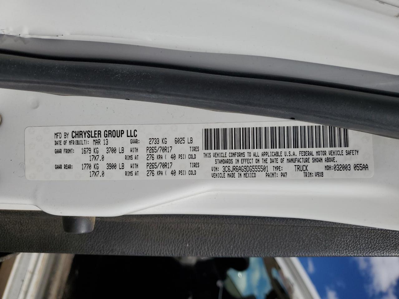 2013 Ram 1500 St VIN: 3C6JR6AG9DG555501 Lot: 84778615