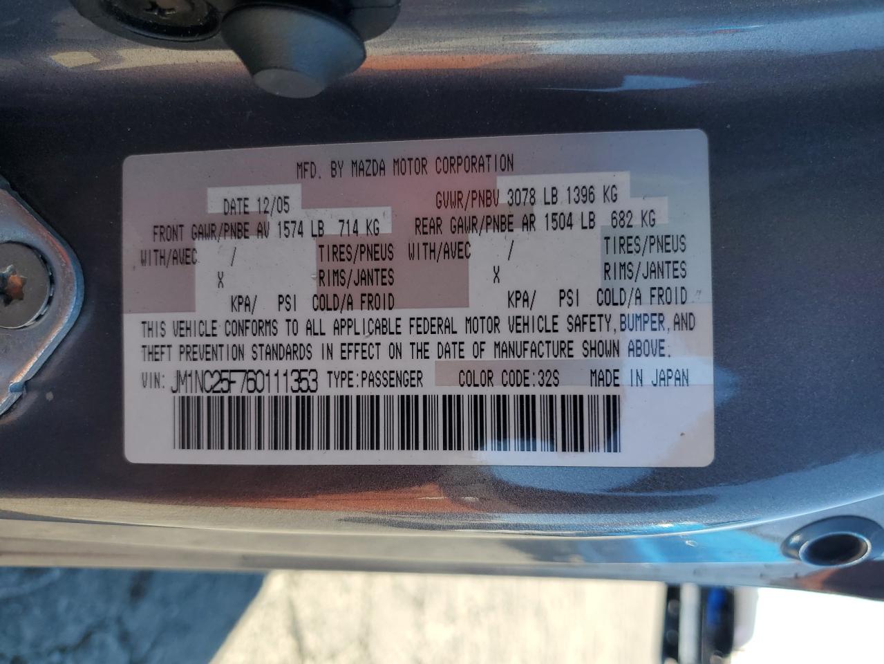 2006 Mazda Mx-5 Miata VIN: JM1NC25F760111353 Lot: 90383095