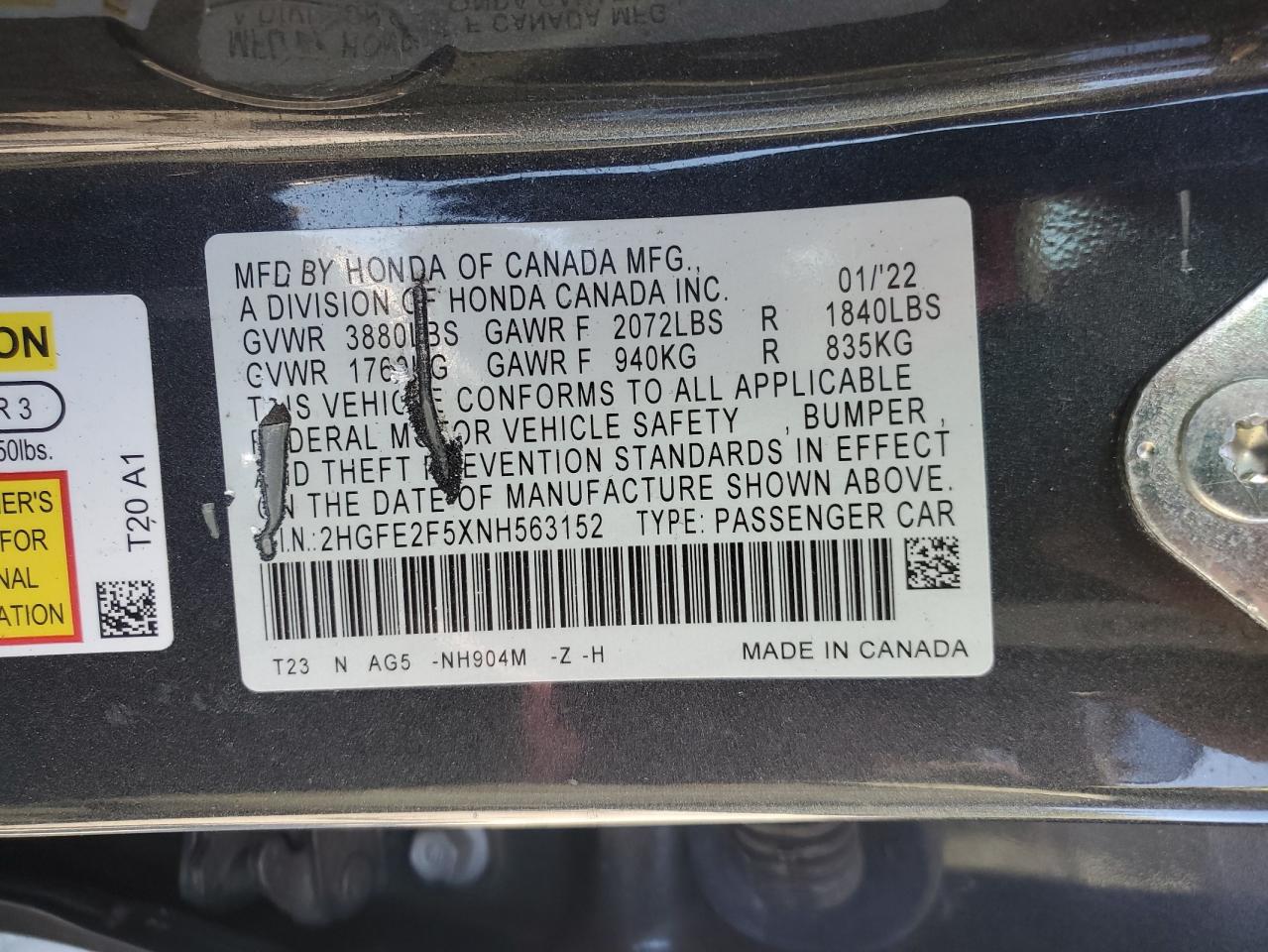 2022 Honda Civic Sport VIN: 2HGFE2F5XNH563152 Lot: 85389035