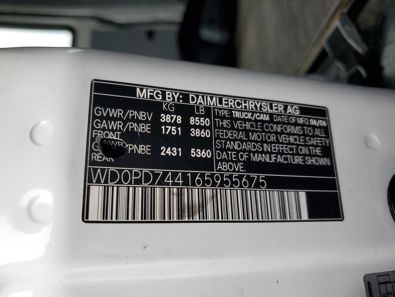 2006 Dodge Sprinter Delivery Van VIN: WD0PD744165955675 Lot: 89555565