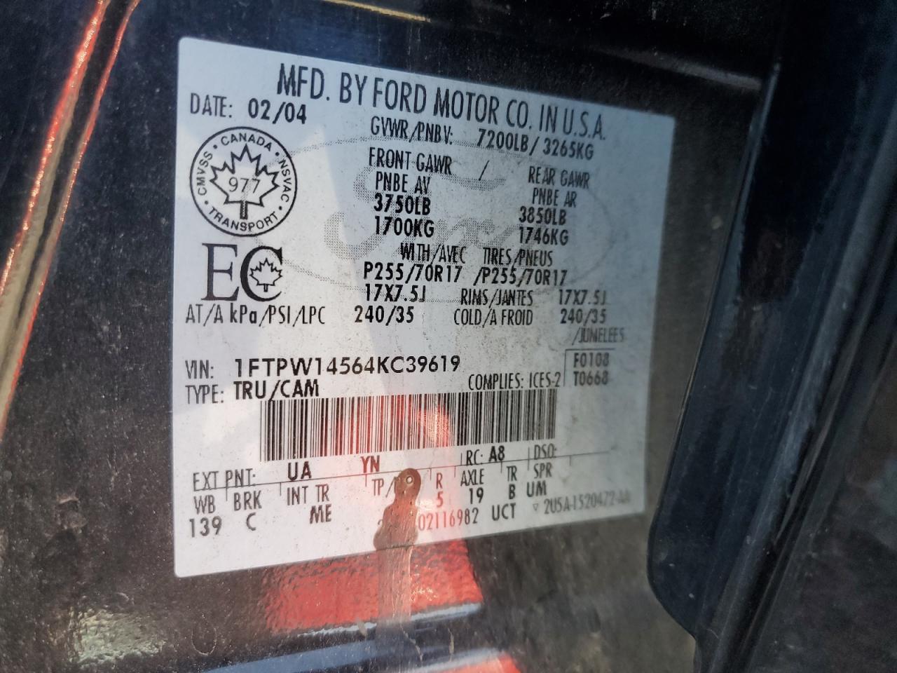 2004 Ford F150 Supercrew VIN: 1FTPW14564KC39619 Lot: 82364925