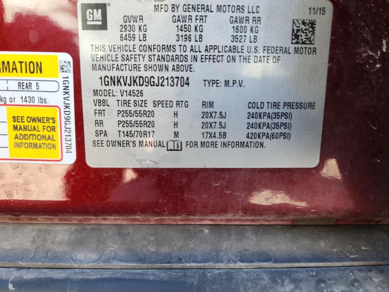 2016 Chevrolet Traverse Ltz VIN: 1GNKVJKD9GJ213704 Lot: 84606845