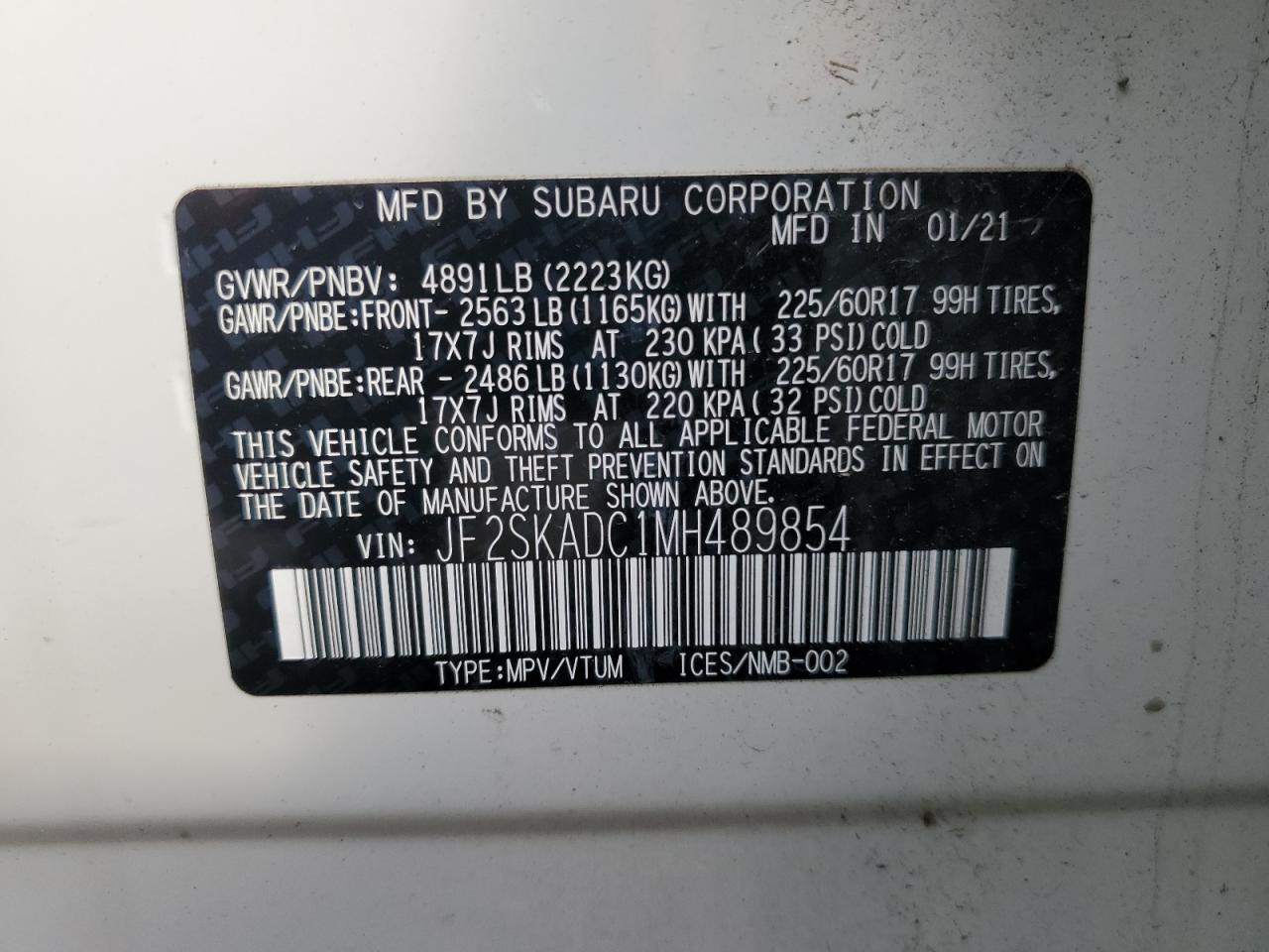 2021 Subaru Forester VIN: JF2SKADC1MH489854 Lot: 84935745