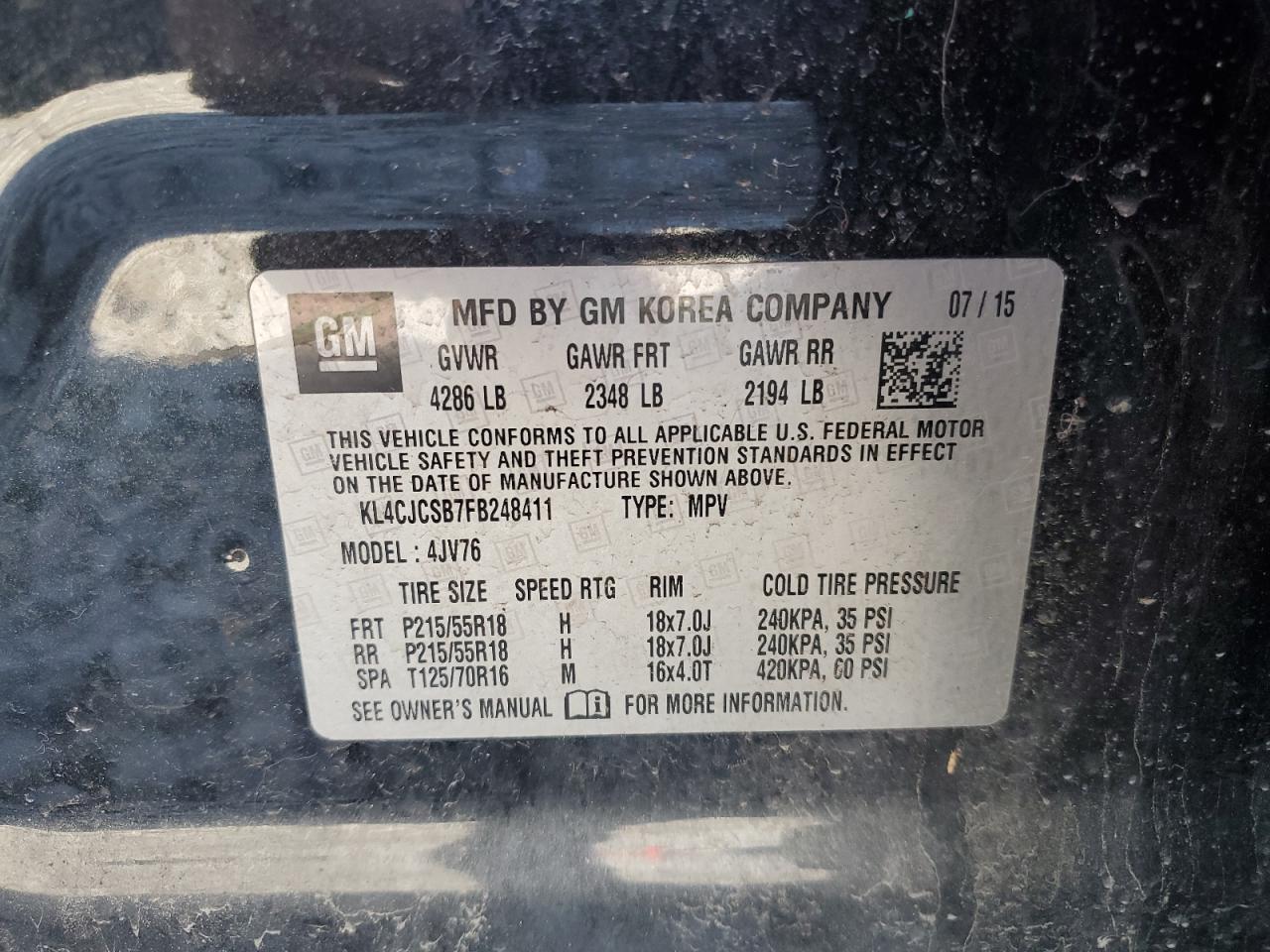 2015 Buick Encore VIN: KL4CJCSB7FB248411 Lot: 82649825