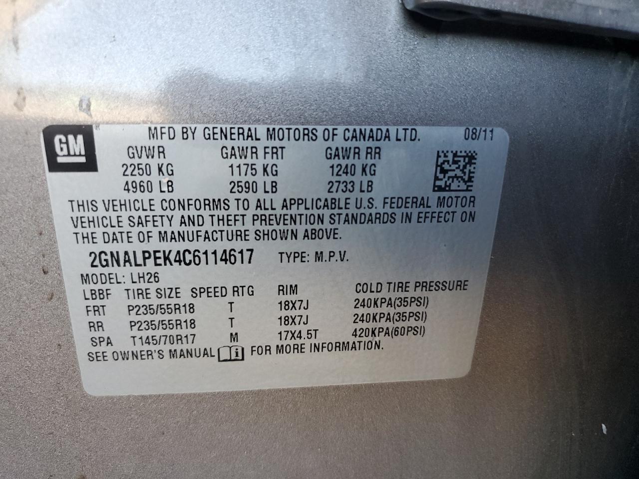 2012 Chevrolet Equinox Lt VIN: 2GNALPEK4C6114617 Lot: 86468775