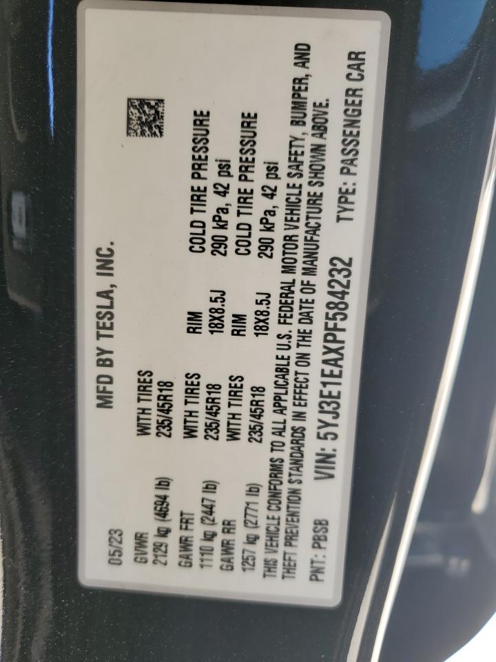 2023 Tesla Model 3 VIN: 5YJ3E1EAXPF584232 Lot: 89540645