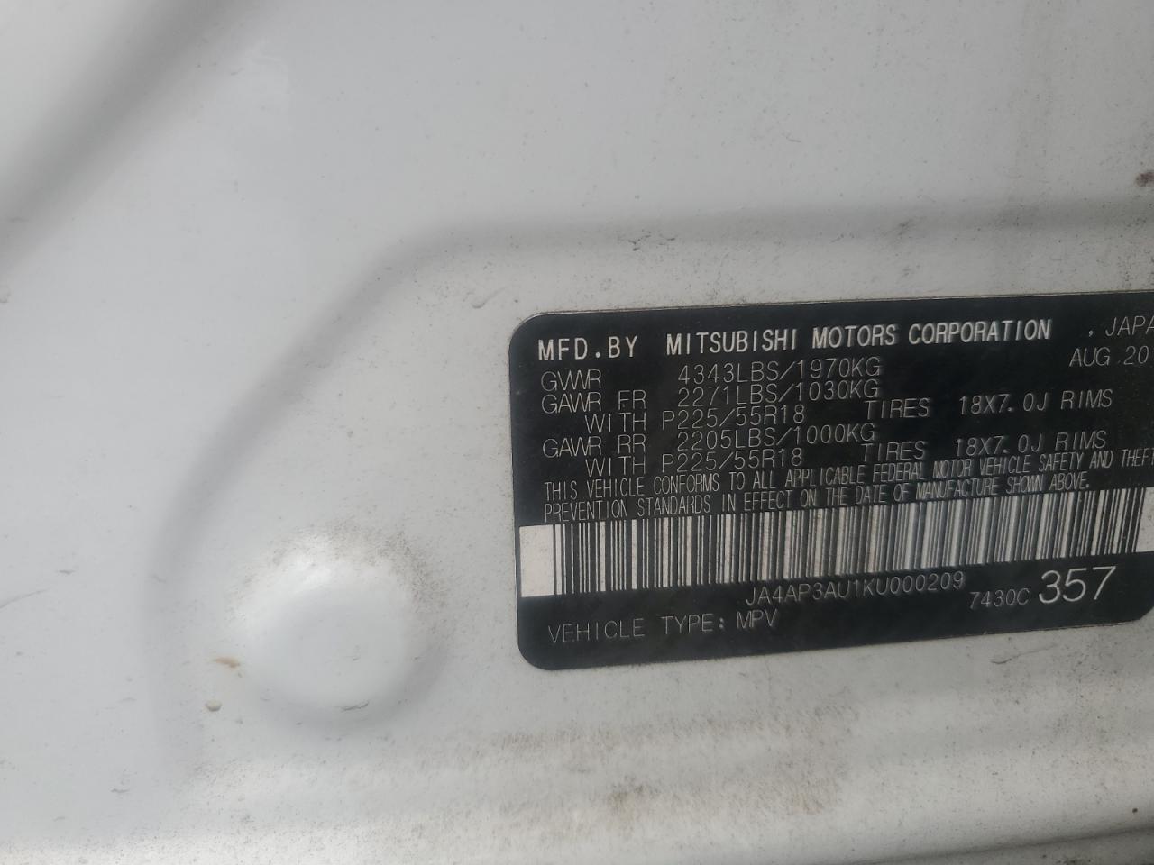 2019 Mitsubishi Outlander Sport Es VIN: JA4AP3AU1KU000209 Lot: 85683925