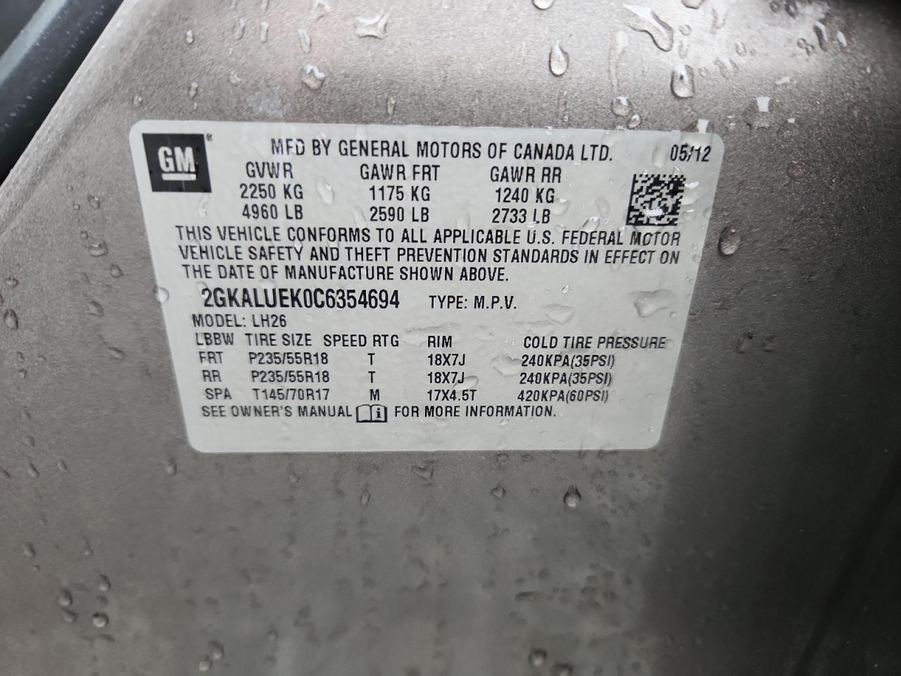 2012 GMC Terrain Slt VIN: 2GKALUEK0C6354694 Lot: 90371865