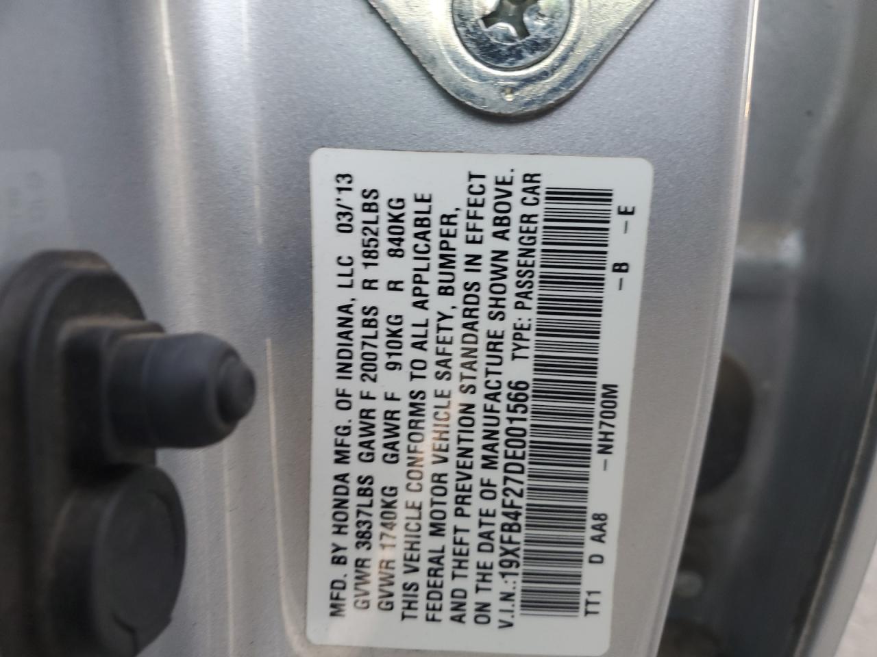 2013 Honda Civic Hybrid VIN: 19XFB4F27DE001566 Lot: 89729235