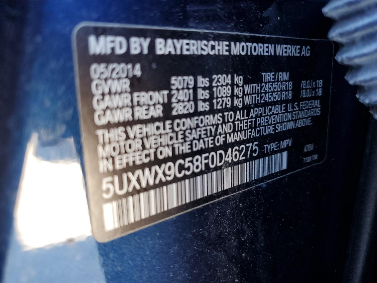 2015 BMW X3 xDrive28I VIN: 5UXWX9C58F0D46275 Lot: 85258865