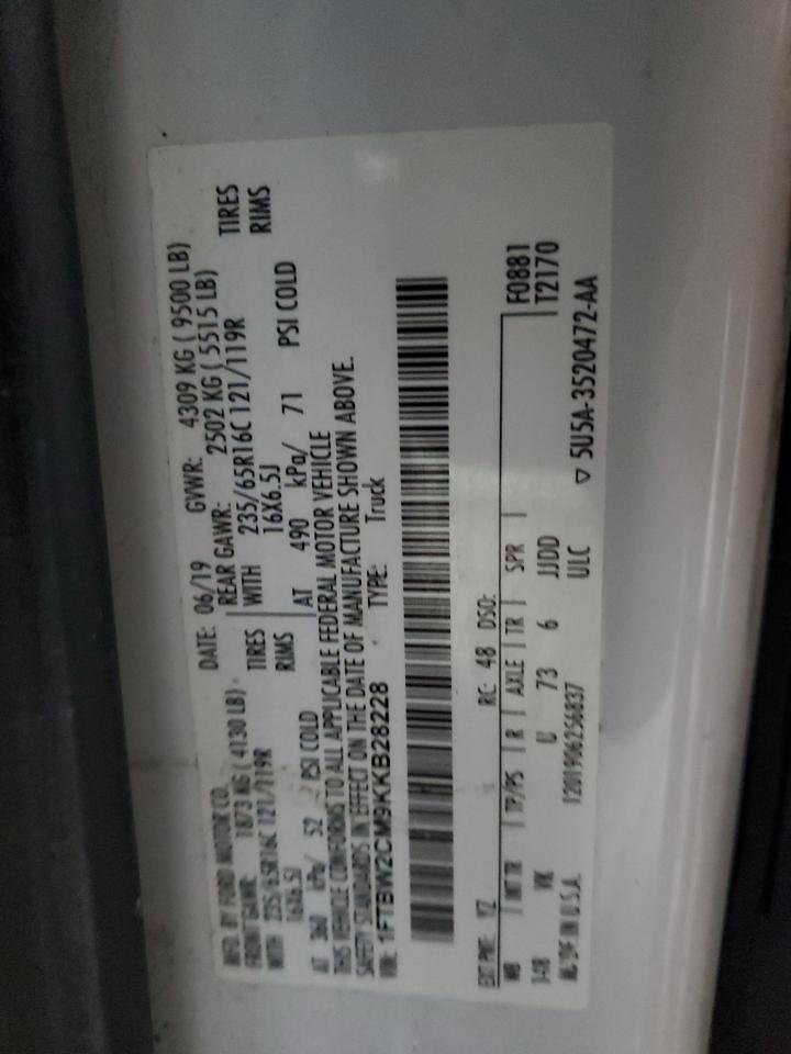 2019 Ford Transit T-350 VIN: 1FTBW2CM9KKB28228 Lot: 89866575