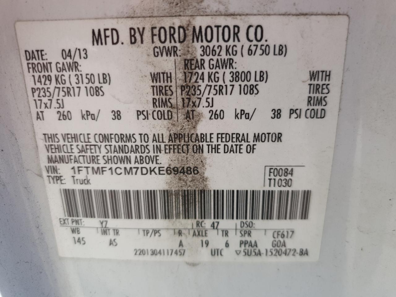 2013 Ford F150 VIN: 1FTMF1CM7DKE69486 Lot: 84806025