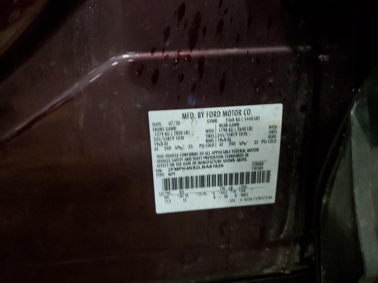 2020 Ford Edge Titanium VIN: 2FMPK4K92LBA81836 Lot: 82582585