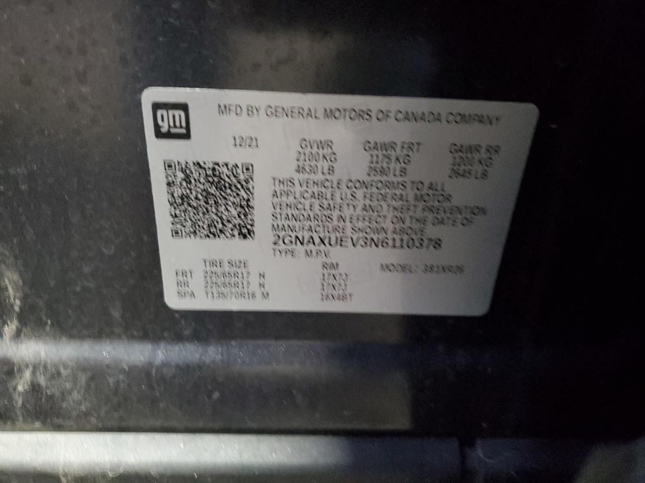 2022 Chevrolet Equinox Lt VIN: 2GNAXUEV3N6110378 Lot: 86502395