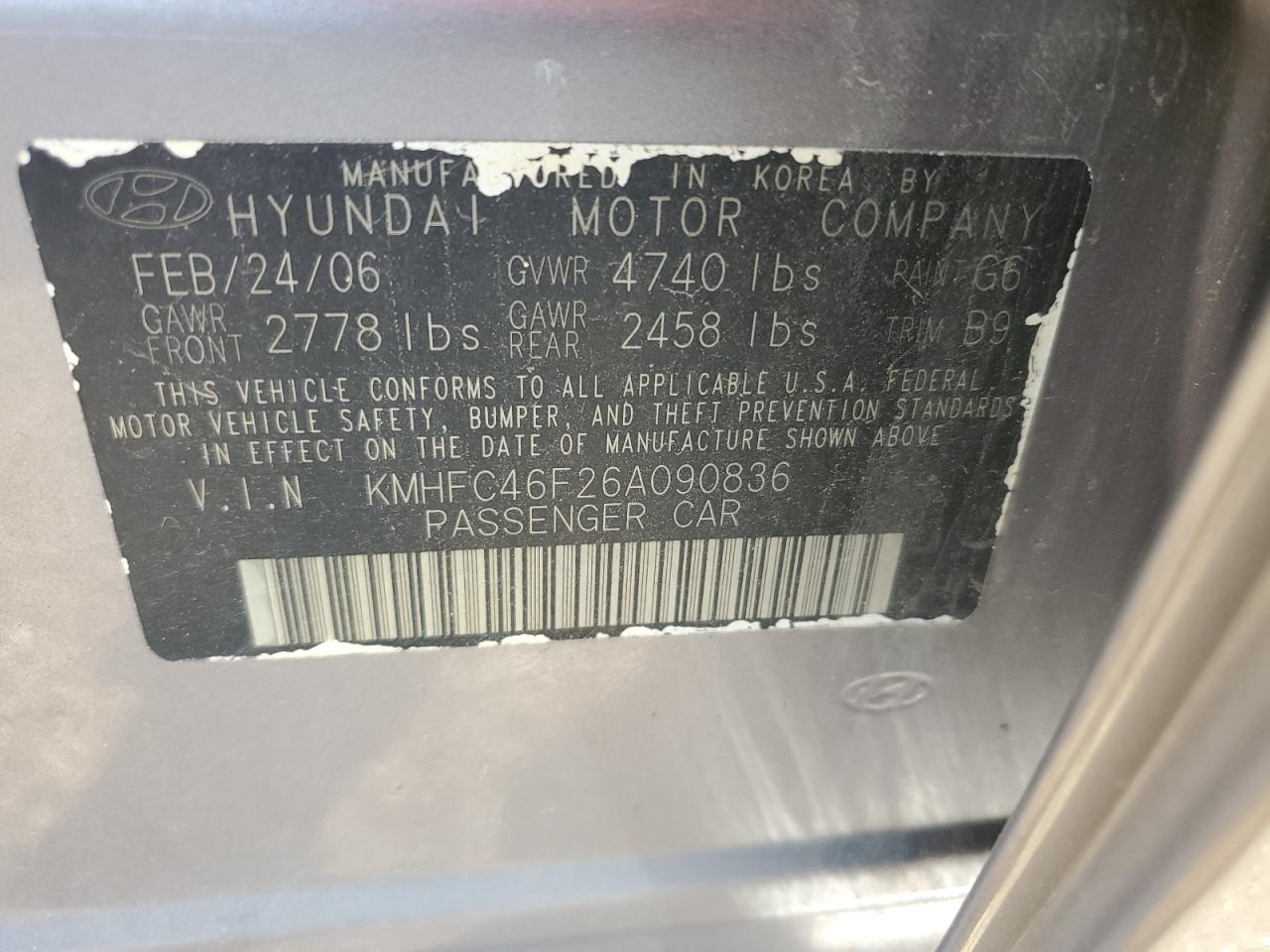 2006 Hyundai Azera Se VIN: KMHFC46F26A090836 Lot: 85947205