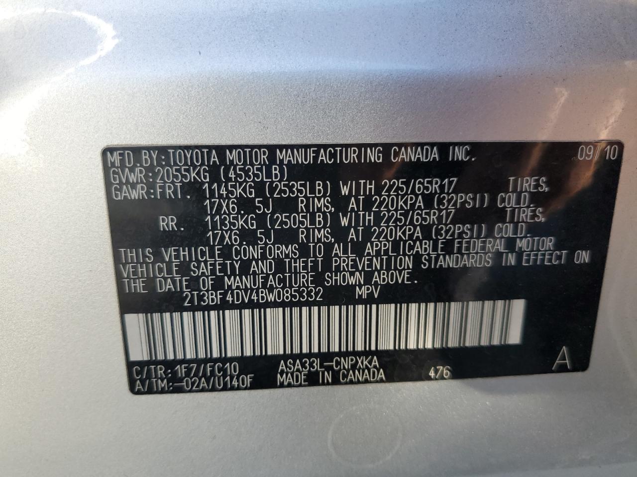 2011 Toyota Rav4 VIN: 2T3BF4DV4BW085332 Lot: 82609425