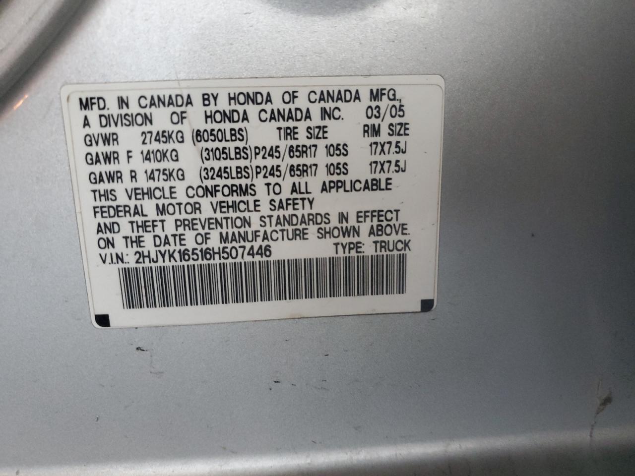 2006 Honda Ridgeline Rtl VIN: 2HJYK16516H507446 Lot: 87351385