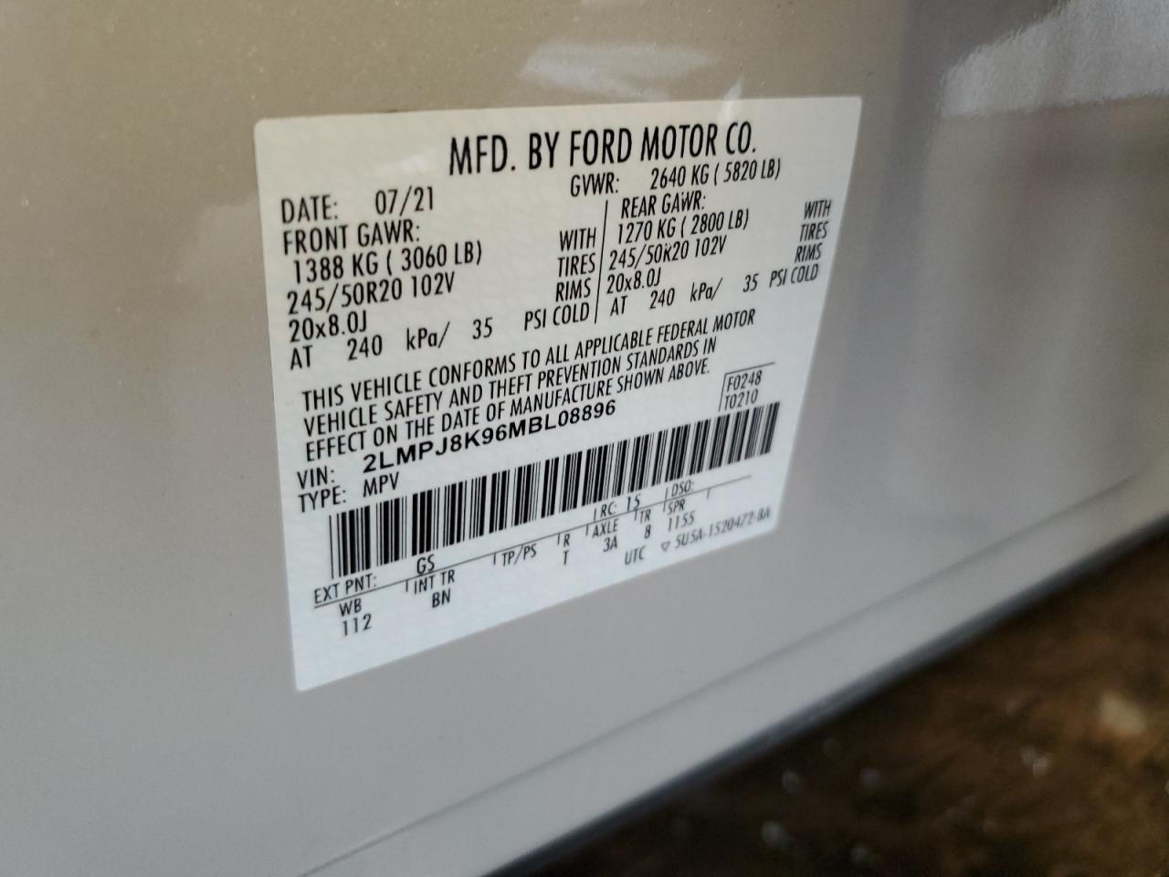 2021 Lincoln Nautilus Reserve VIN: 2LMPJ8K96MBL08896 Lot: 85498125