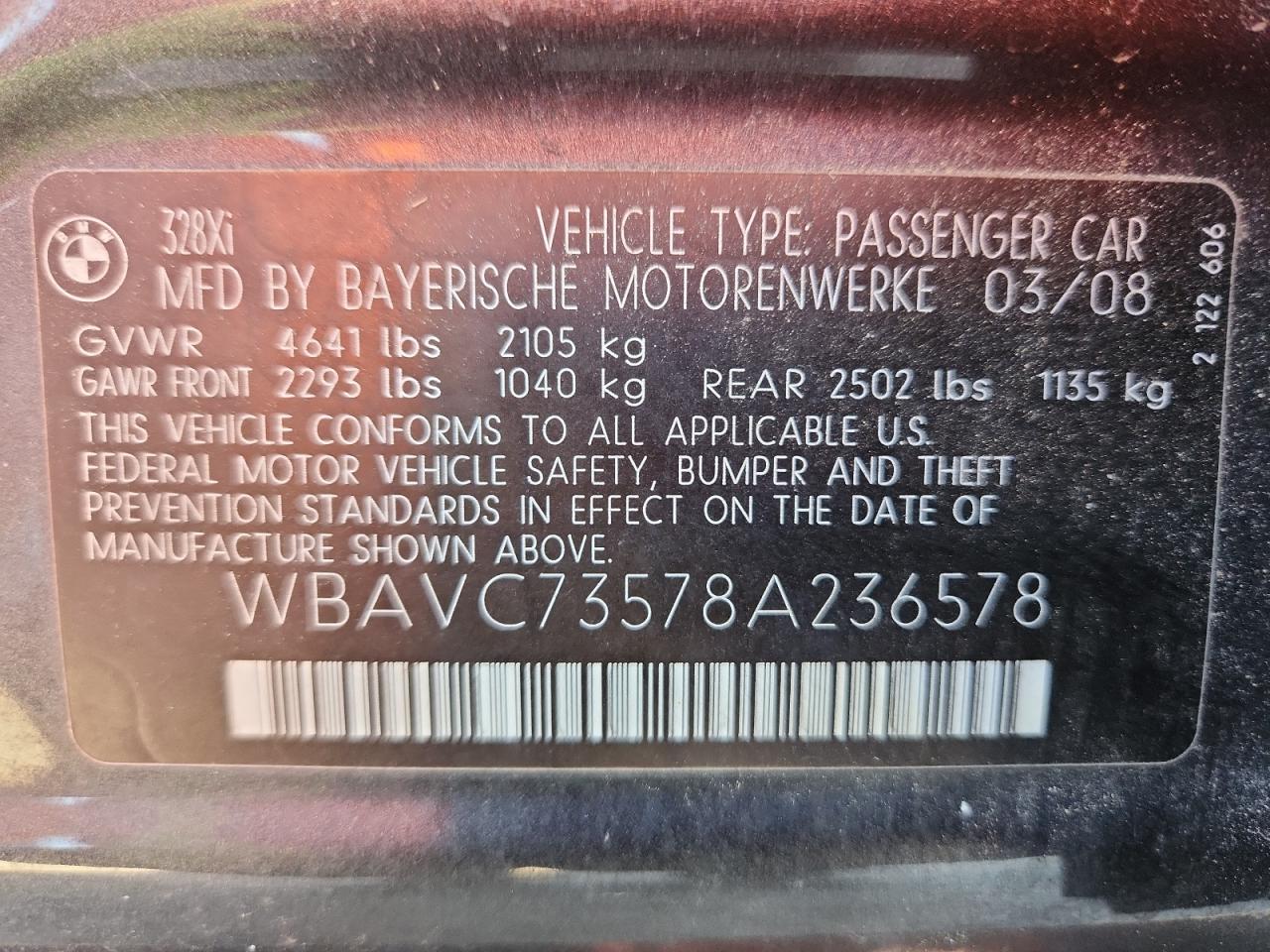 2008 BMW 328 Xi Sulev VIN: WBAVC73578A236578 Lot: 81958395